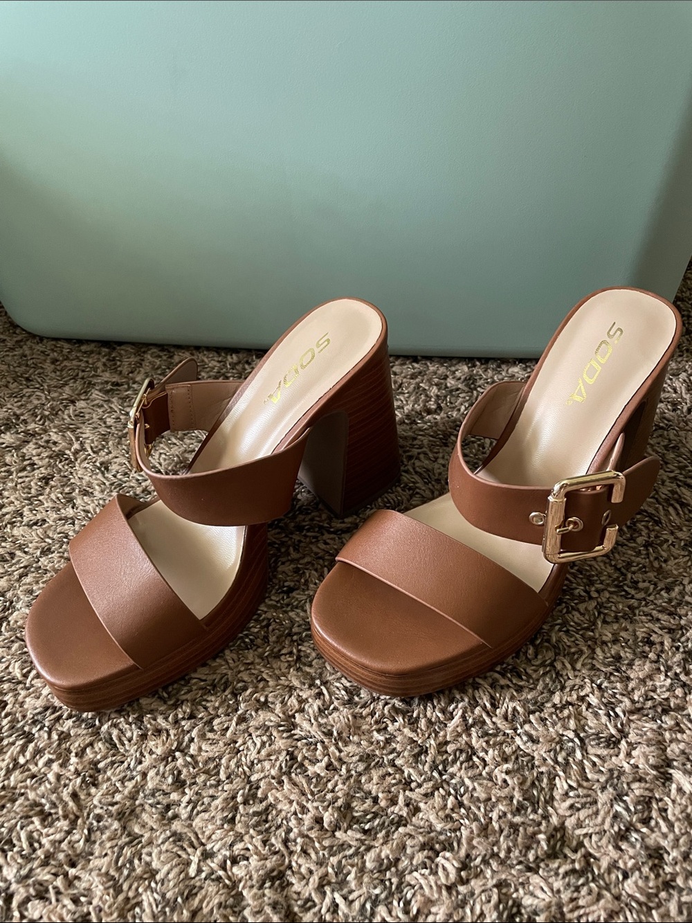 Soda Brown Platform Block Heel Slide Sandals with Gold Buckle